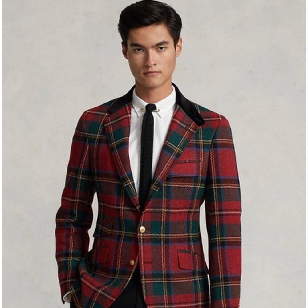 POLO RALPH LAUREN 40R Plaid Tartan Velvet Collar Jacket Blazer Red Wool